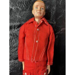 Original 1960s Ken Doll Blonde Flocked Hair Red Outfit Pants Jacket Suit Vintage